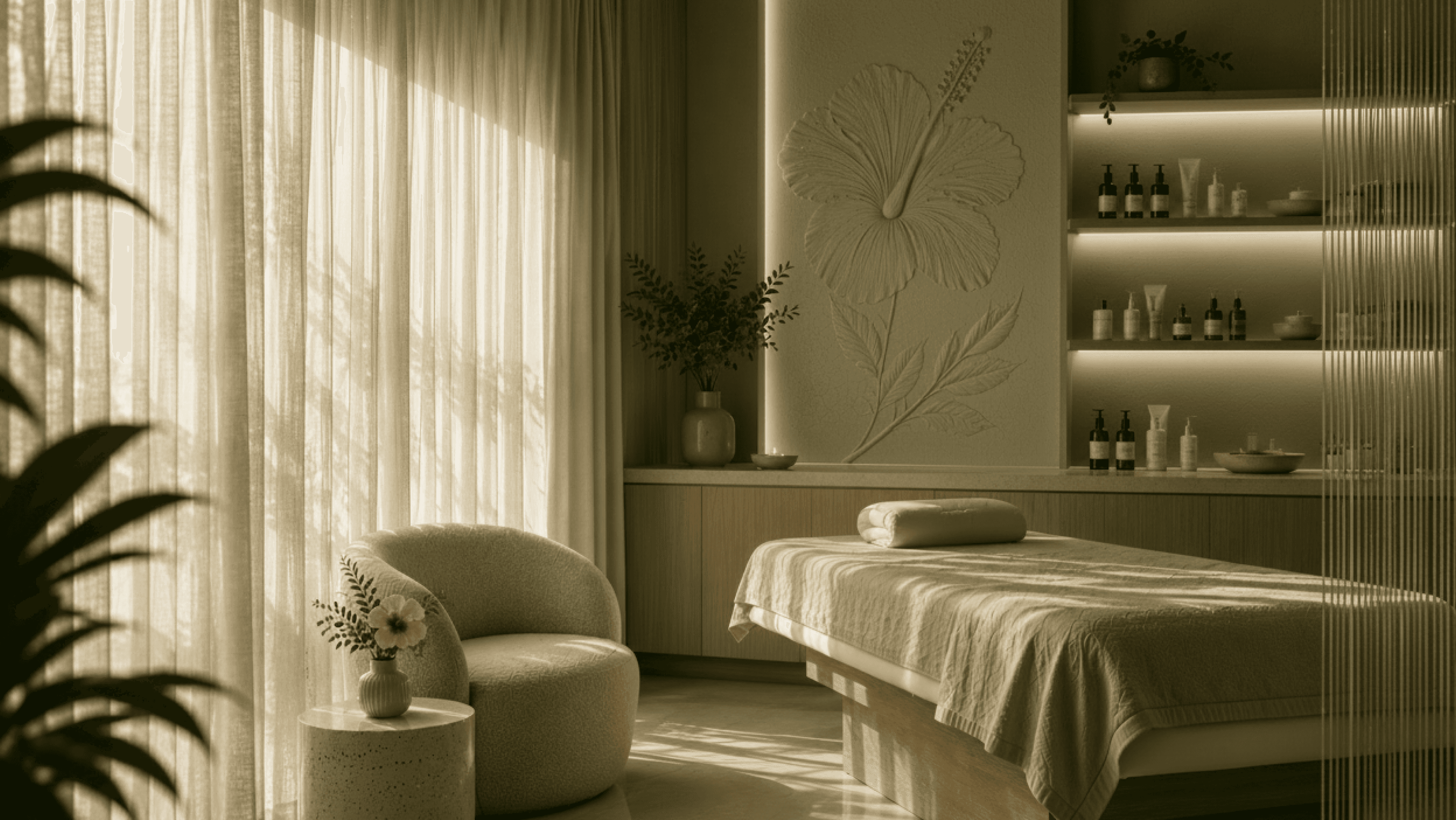 A calm, sunlit Hibiscus spa treatment room