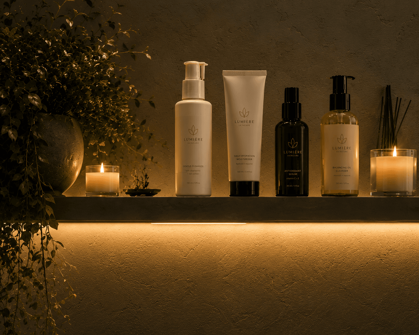 Candle-lit shelf of treatment products