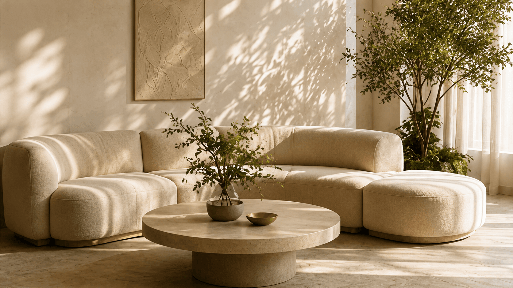 The lounge — curved seating in the afternoon sun