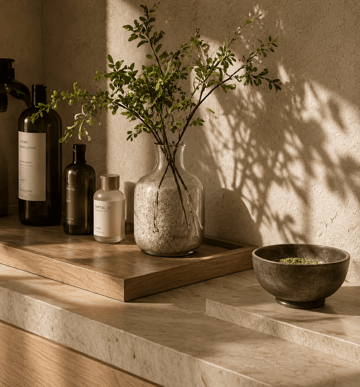A sunlit counter of house products
